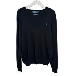 Polo Ralph Lauren 100% Pima Cotton Vneck Sweater Men L Black Purple Poney Preppy